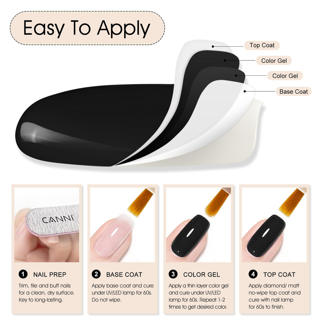 Canni Black Gel Nail Polish - Dark Black Color, High Gloss Finish, Soak Off UV Gel, DIY Salon Manicure