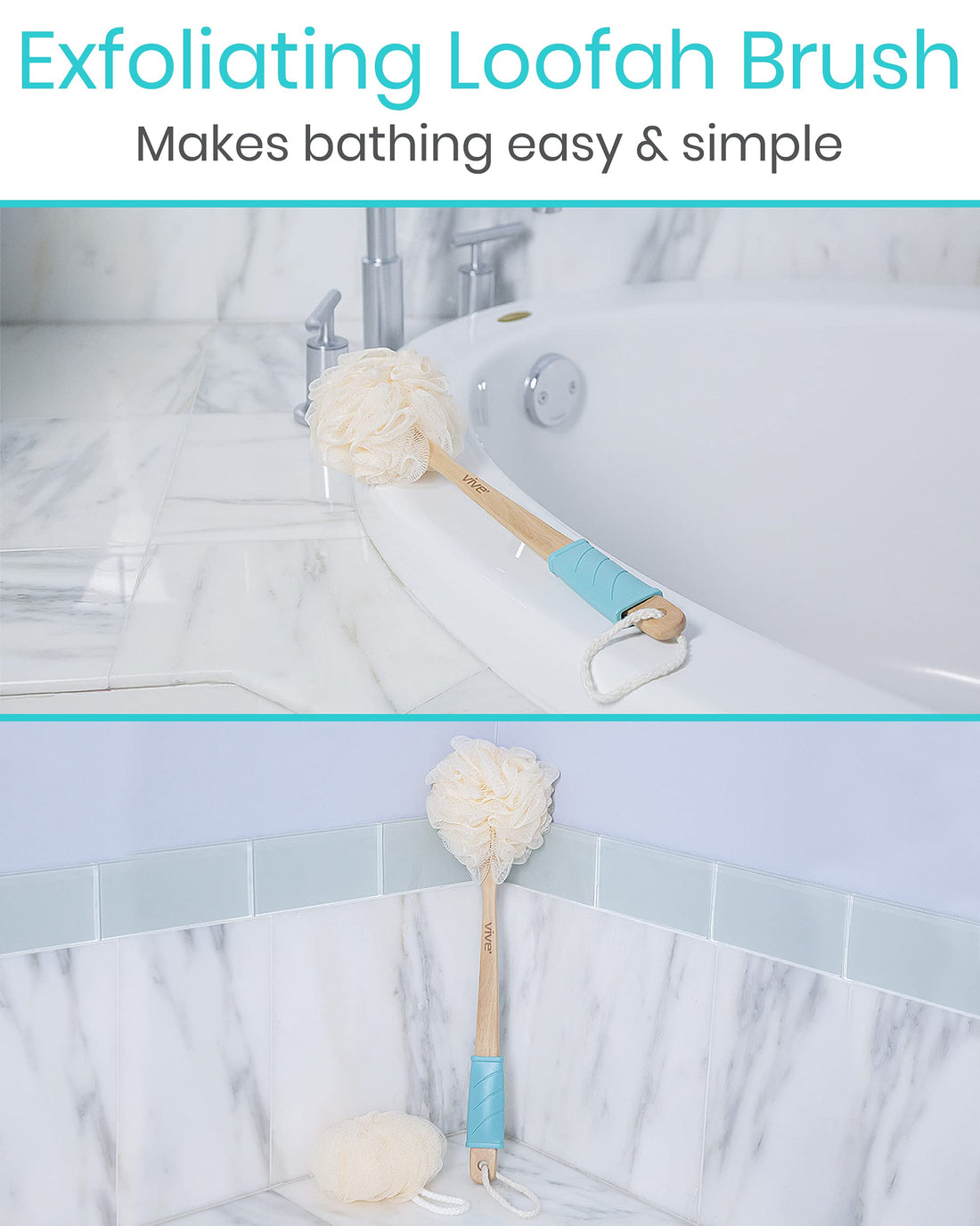 Vive Loofah Back Scrubber |Long Handled Exfoliating Bath & Shower Body Brush Luffa Sponge On A Stick W/ String For Hook | Men & Women