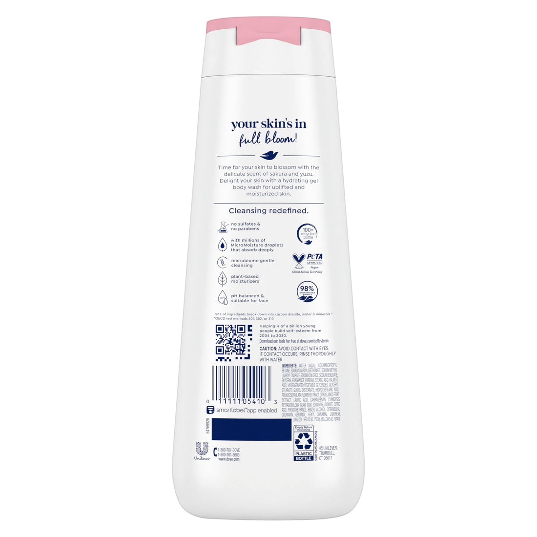 Dove Body Wash 4 Count for 24hr Lotion-Soft Skin Uplift Sakura Blossom and Yuzu Moisturizing Skin Cleanser with No Sulfates No Parabens