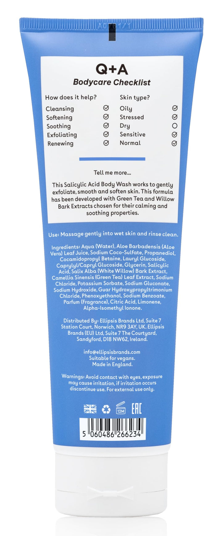 Q+A Salicylic Acid Body Wash, gel-based Body Wash, exfoliates, smoothes and softenes the skin with a blend of Salicylic Acid, White Willow Bark and Green Tea Extract, 250ml
