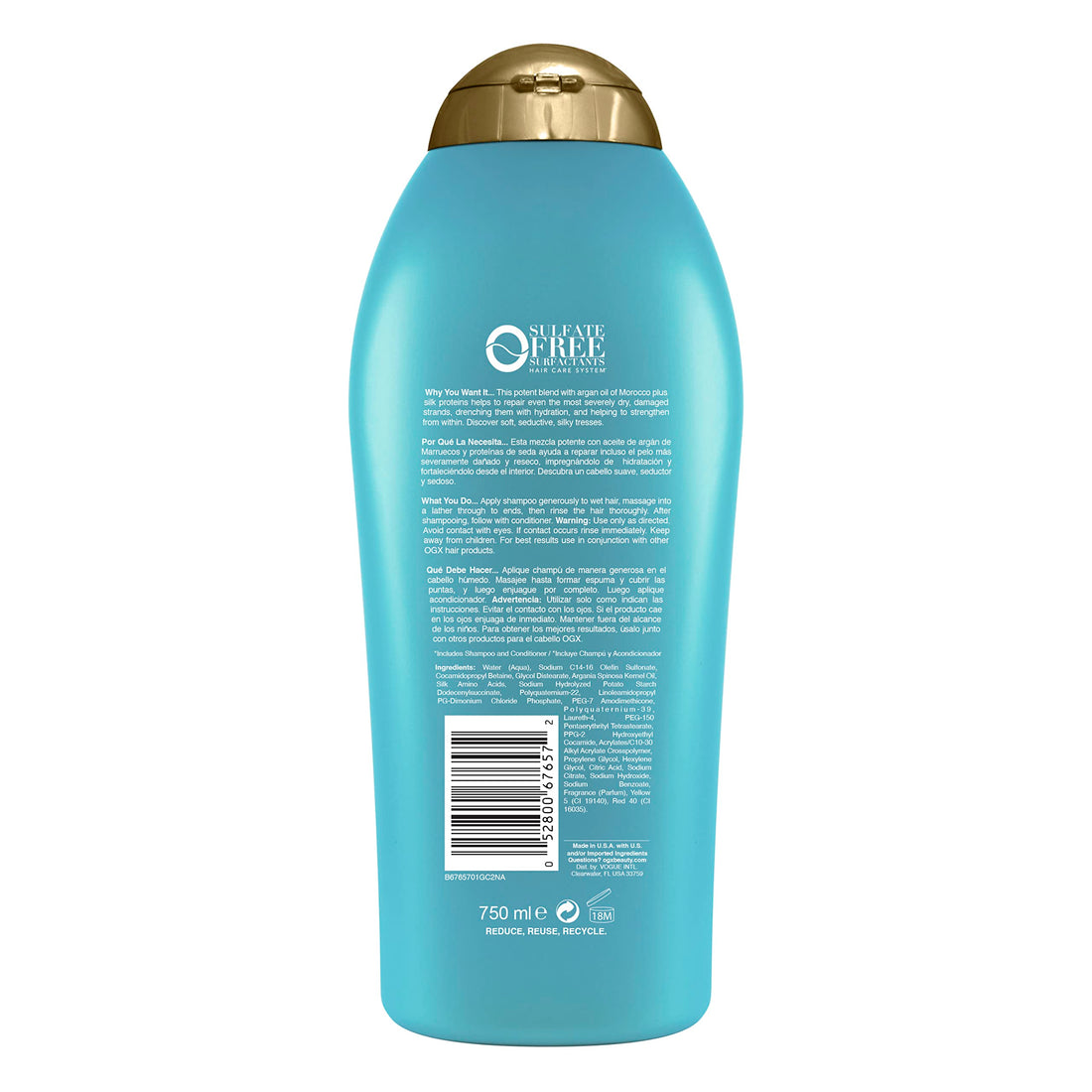 OGX Extra Strength Hydrate & Repair + Argan Oil of Morocco Shampoo for Dry, Damaged Hair, Cold-Pressed Argan Oil to Moisturize & Smooth, Paraben-Free, Sulfate-Free Surfactants, 25.4 Fl Oz