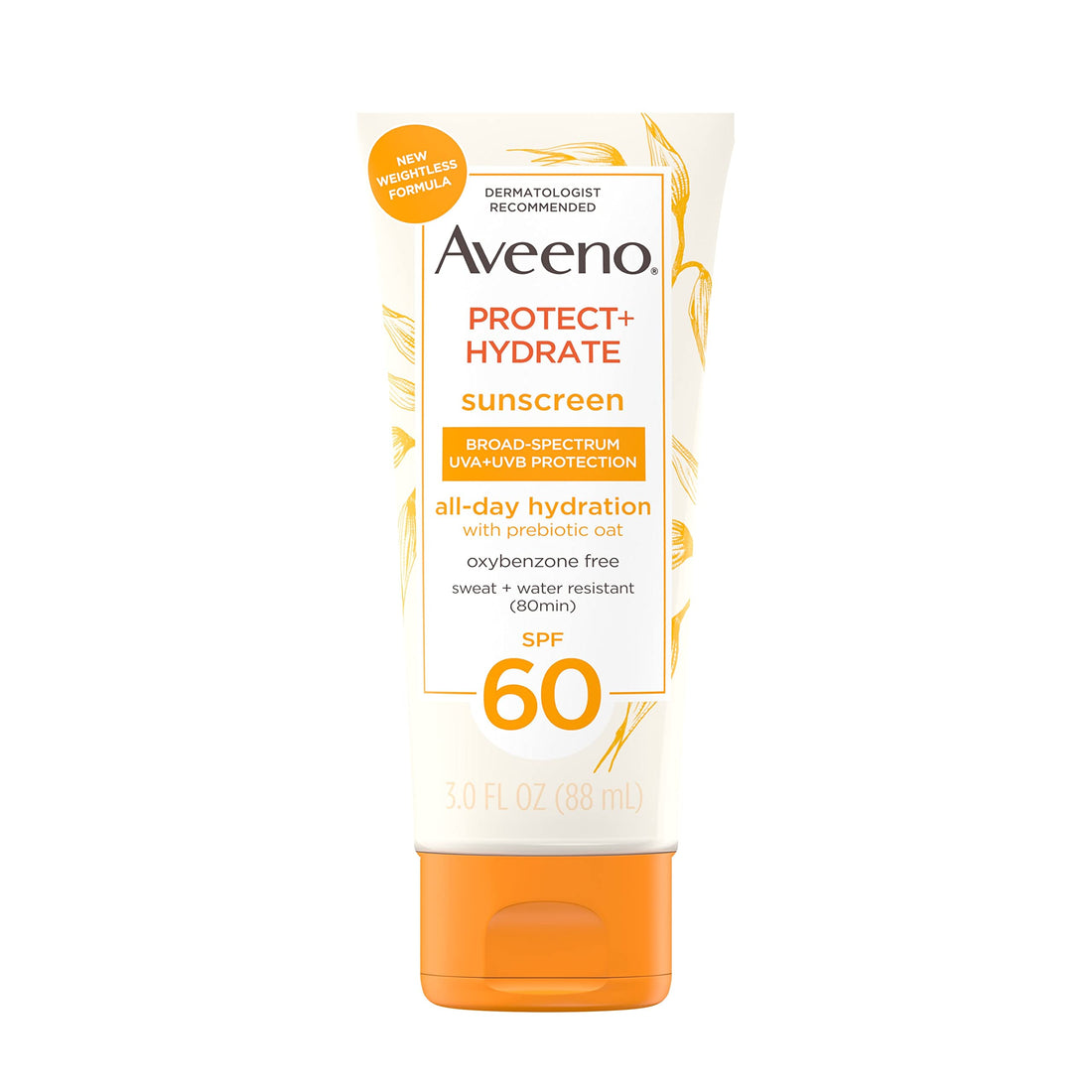 Aveeno Protect + Hydrate Moisturizing Body Sunscreen Lotion With Broad Spectrum Spf 60 & Prebiotic Oat, Weightless & Refreshing Feel, Paraben-free, Oil-free, Oxybenzone-free, 3.0 ounces