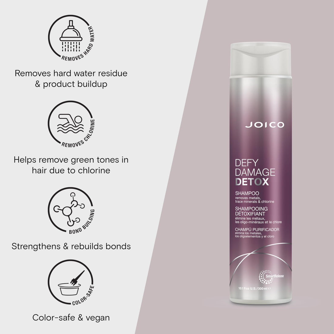 Joico Defy Damage Detox Shampoo | Removes Chlorine, Hard Water Residue, Product Buildup, Metals, & Trace Minerals | Strengthens Bonds & Preserves Hair Color | Vegan | Sulfate-Free | 10.1 Fl Oz