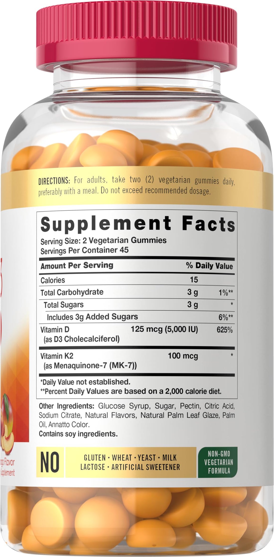 Carlyle Vitamin D3 K2 Gummies | 90 Count | 5,000 IU of D3 + 100 mcg MK7 | Vegetarian, Non-GMO, and Gluten Free Vitamin Supplement
