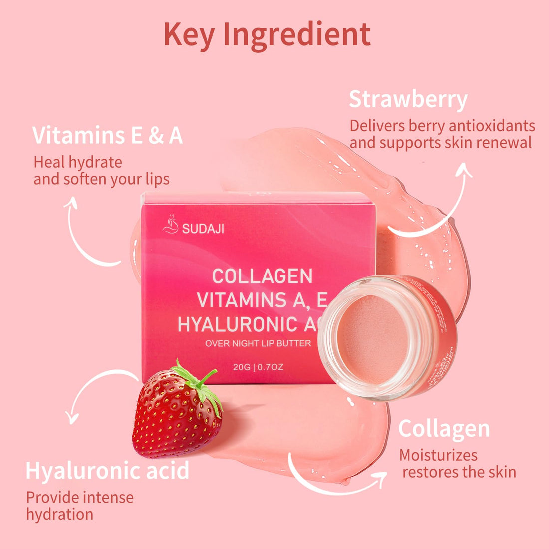 SUDAJI Collagen Lip Mask, Hydrating Lip Balm, Overnight Moisture Lip Butter with Hyaluronic Acid & Aloe Vera, Sleeping Nourishing Lip Butter Balm