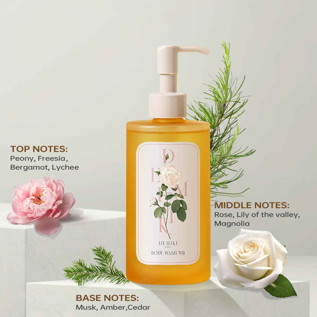 DEMIKI Shower Oil for Women, Hydrating Body Wash with White Rose Scent, Moisturizing for Sensitive & Dry Skin, Winter Care, Sulfate-Free, Paraben-Free, Dye-Free, 10 fl oz