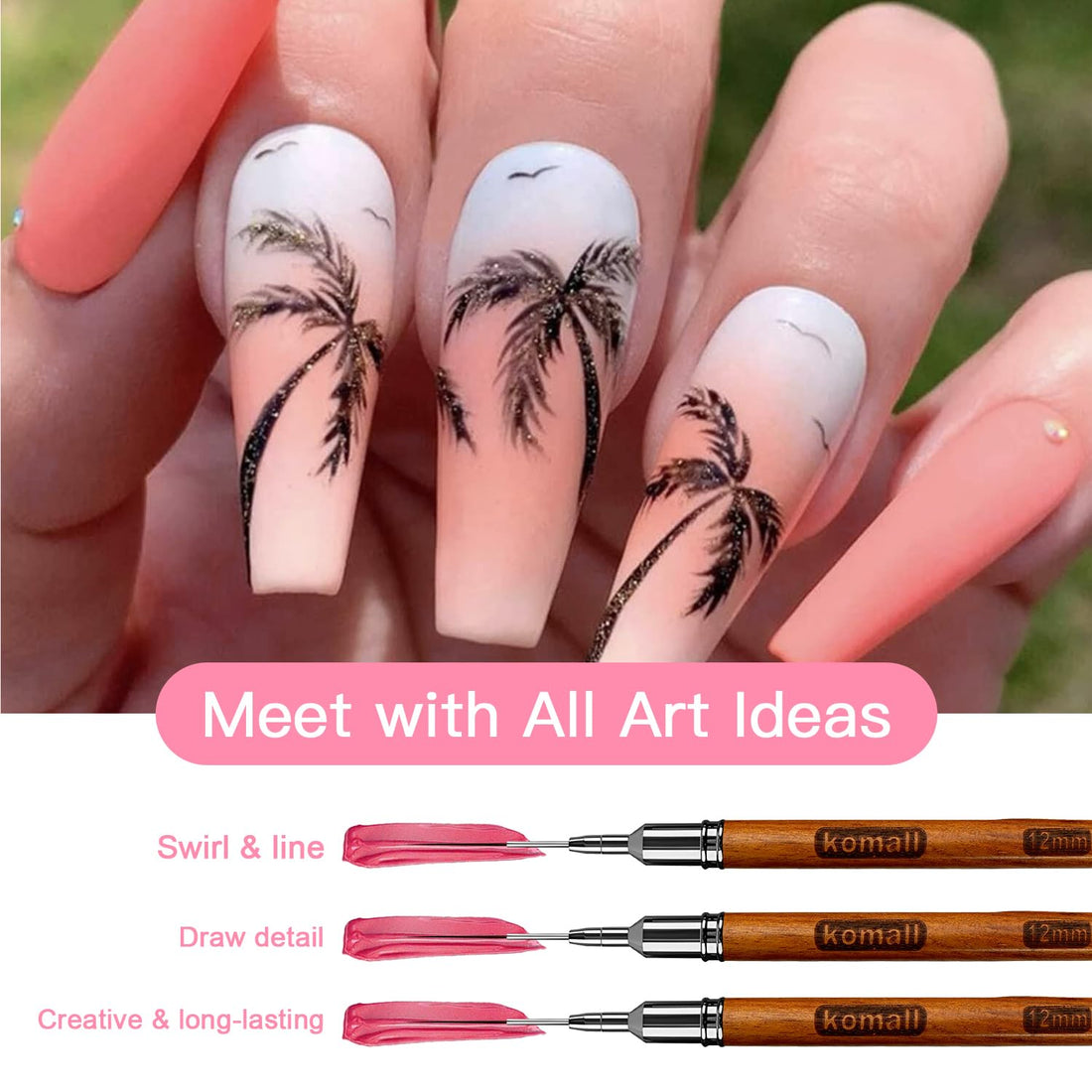 Komall Nail Art Brushes, 5Pcs Wooden Handle Liner Brush Set, UV Gel Polish Painting Art Design Pen for Long Lines, Thin Details, Fine Drawing Sizes 4/8/12/20/25mm(Natural)