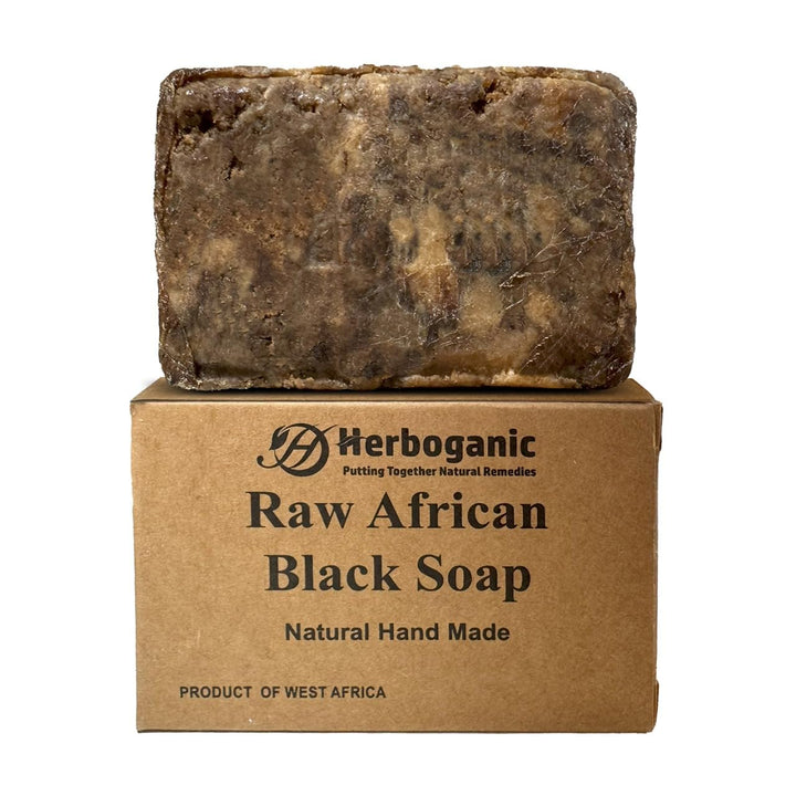 HERBOGANIC Raw African Black Soap Bar - 6 oz - 100% Pure and Organic | Natural Black African Soap bar for acne, Eczema, blackheads | Use as face wash and body wash - Pack of 1