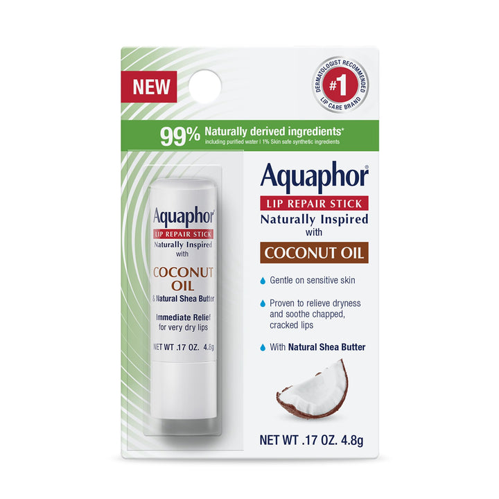 Aquaphor Naturally Inspired Lip Repair Stick with Coconut Oil and Natural Shea Butter, Hydrating Lip Balm Immediately Relieves Dryness, 0.17 Oz Stick