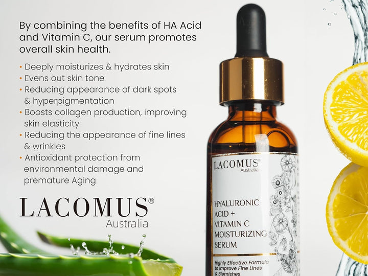 Hyaluronic Acid + Vitamin C Moisturizing Serum for Fine Lines and Blemishes - Organic and Cruelty-Free Skin Health Booster - Moisturizing Formula for Youthful Skin - LACOMUS Australia