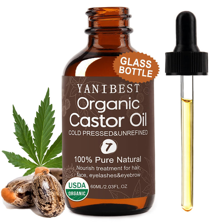 YANIBEST Organic Castor Oil, Cold Pressed Unrefined Glass Bottle, 100% Natural USDA Certified Castor Oil for Hair, Eyelashes, Face, Eyebrows, Scalp & Hair Strengthening Oil for All Hair Types
