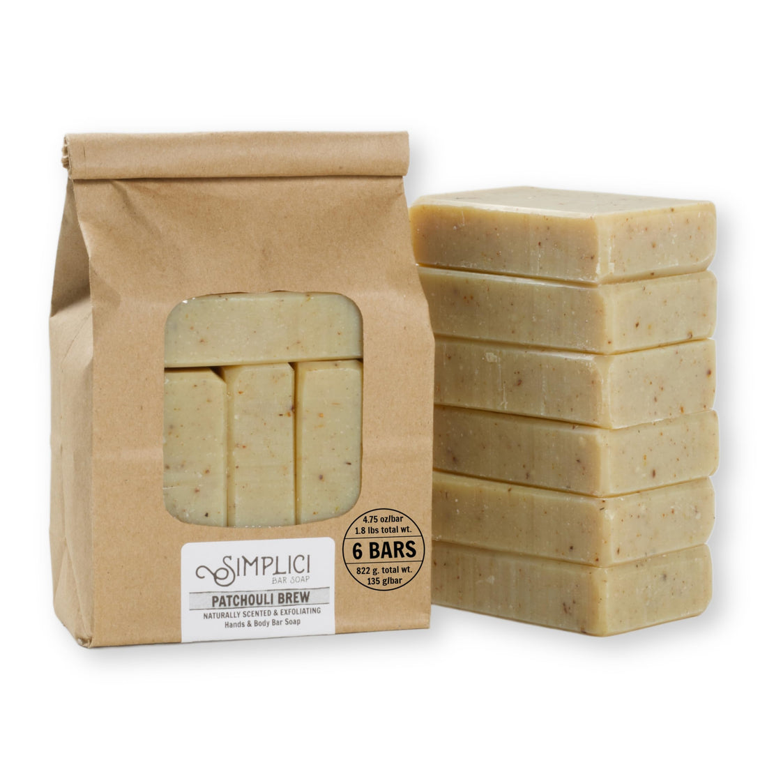 Simplici Patchouli Brew Natural Soap (exfoliating + pure essential oils) 6 Bar Value Bag. Palm Free.