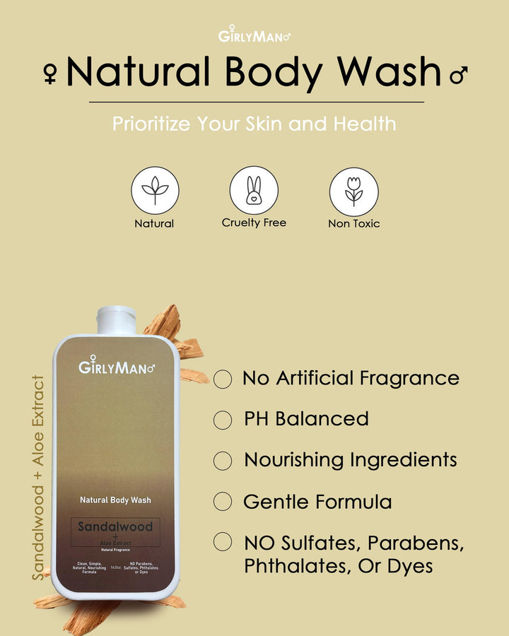 GirlyMan Natural Body Wash - Made with Olive Oil & Aloe Extract, No Artificial Fragrance, PH Balanced, Gentle Formula, Nourishing Ingredients, Family Owned (Sandalwood)