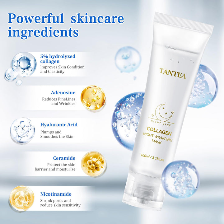 Tantea Collagen Night Wrapping Mask - Hydrating & Firming Overnight Face Mask for Pore Refinement, Natural Radiance, and Elasticity Boost - Gentle for All Skin Types - 100ml / 3.38fl oz