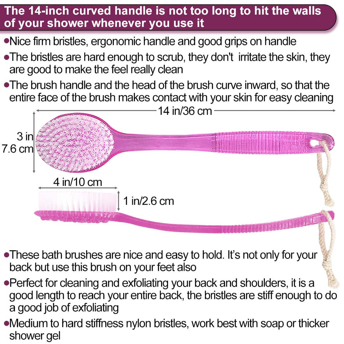 SUPERWASH PLUS Shower Back Bath Brush, Long Handle Shower Brush with Medium Stiff Bristles for Exfoliating Body, 2 Packs Back Scrubber for Men & Women