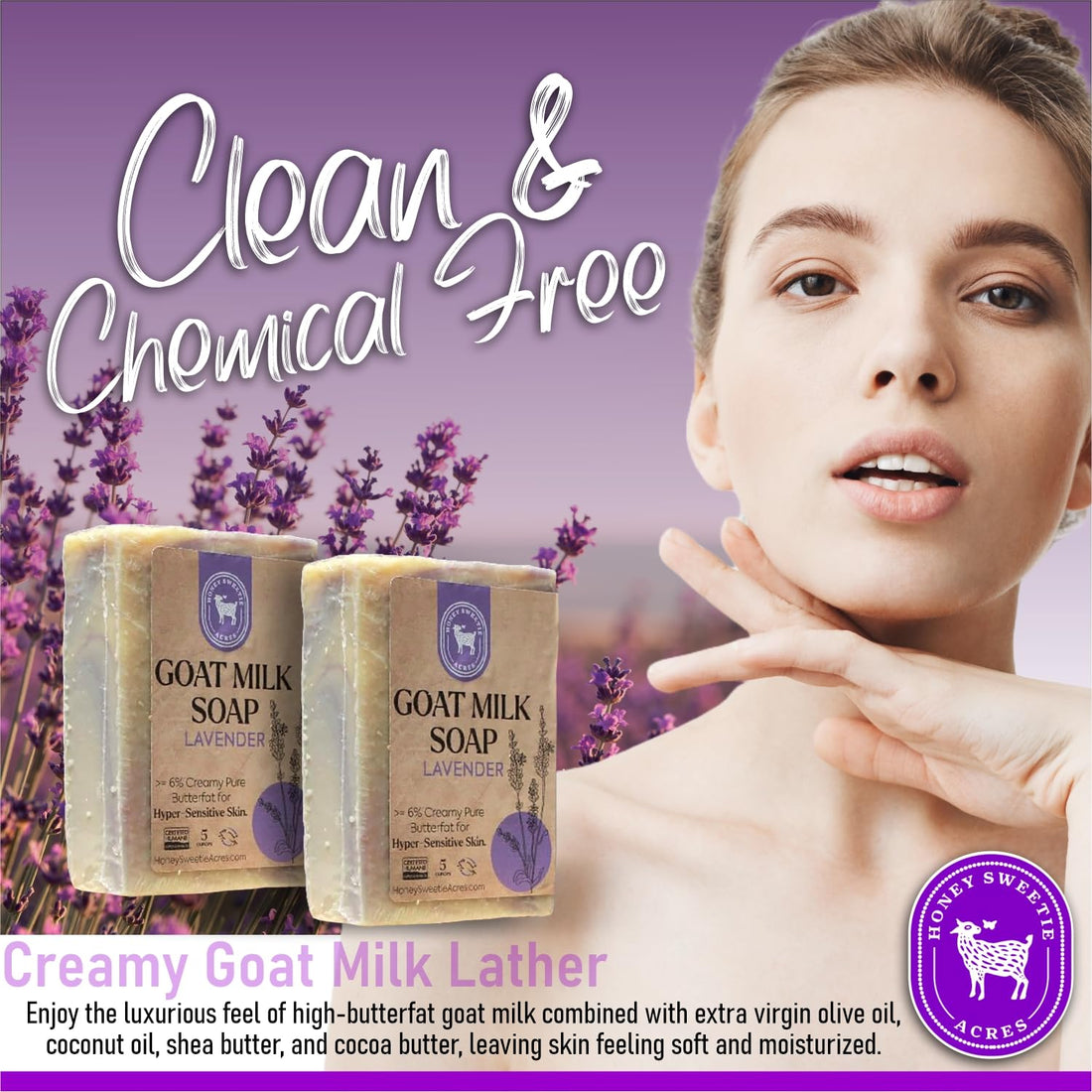 Honey Sweetie Acres 2-Pack Lavender Goat Milk Soap - Handmade 5 oz Bar, Made with Natural Ingredients, Moisturizing & Gentle, Made in the USA