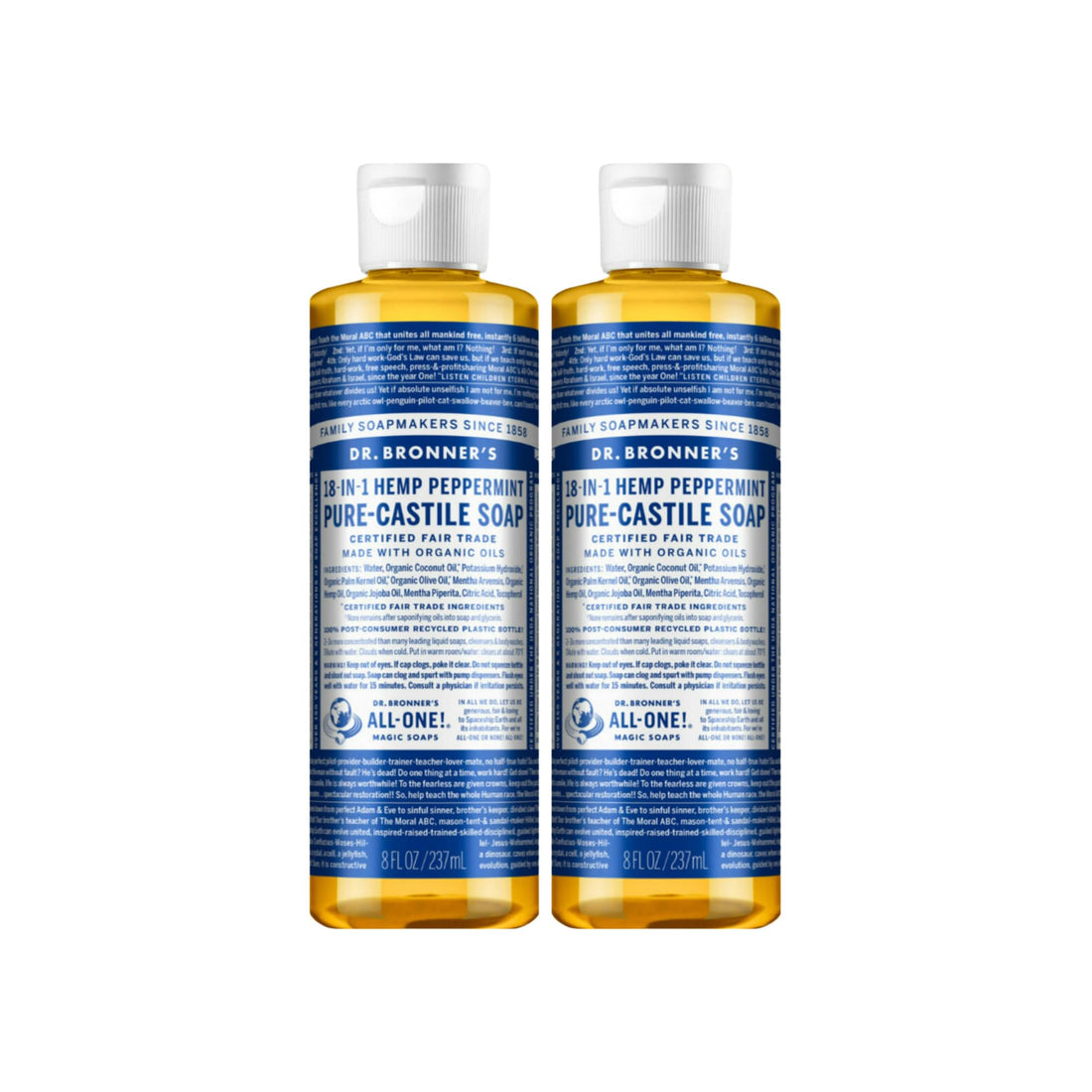 Dr. Bronner's Organic Peppermint Liquid Soap - 18-in-1 All-Purpose Cleaner with Invigorating Peppermint Oil - 8 Oz Size - Gentle Cleansing for Body, Face, Home - Natural, Organic Formula (2-Pack)