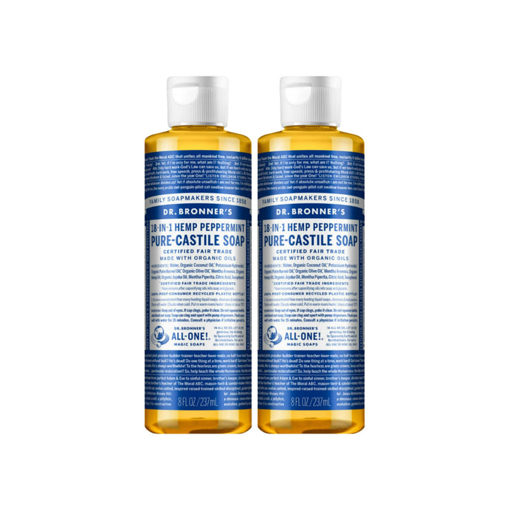 Dr. Bronner's Organic Peppermint Liquid Soap - 18-in-1 All-Purpose Cleaner with Invigorating Peppermint Oil - 8 Oz Size - Gentle Cleansing for Body, Face, Home - Natural, Organic Formula (2-Pack)