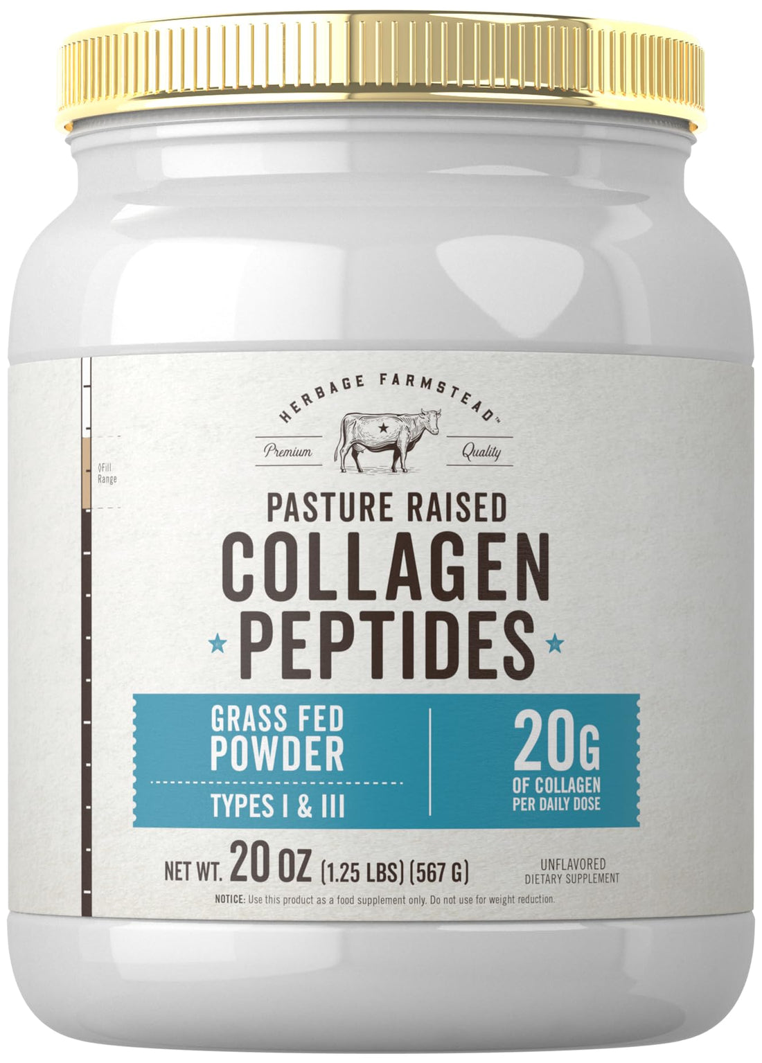 Carlyle Grass Fed Collagen Peptides Powder 20oz | Unflavored | Pasture Raised | Types I & III | 20g of Collagen Per Daily Dose | Non-GMO, Gluten Free | by Herbage Farmstead