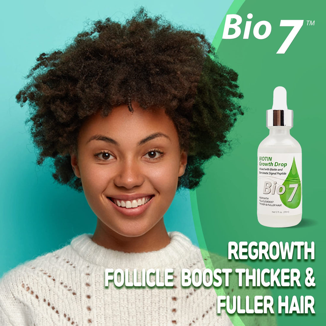 BIO7 BIOTIN GROWTH DROP INFUSED BIOMIMETIC SIGNAL PEPTIDE – 2 Fl Oz – Improve the Appearance of Hair Loss By Looking Visibly Longer, Thicker, Boost Follicle Growth – By Natures