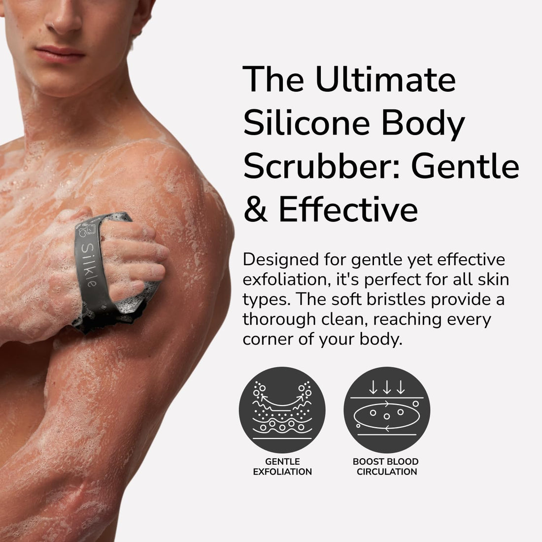 SILKLE Silicone Body Scrubber - Exfoliating Bath Brush and Skin Cleanser - Shower Sponge for Gentle Body Scrub and Wash - Silicone Scrubbing Care Tool for a Refreshed and Renewed You - Black