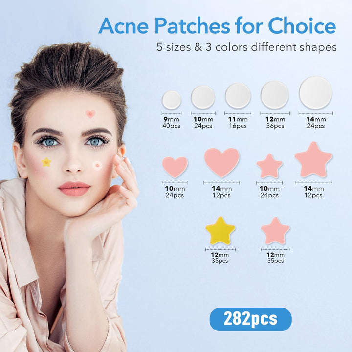 QUSTERE Pimple Patches for Face, Acne Patches Hydrocolloid, Cute Star Zit Covers for Face, Spot Stickers with Tea Tree, Salicylic Acid & Cica Oil| Round,Star,Peach Shapes| 5 Sizes| 282 Count