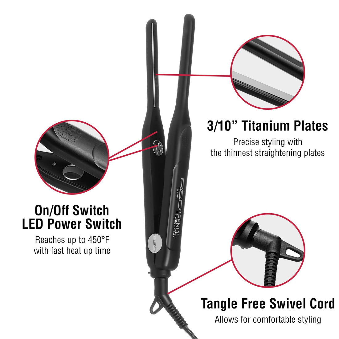Kiss Products Red Titanium 3/10 Inch Pencil Flat Iron, 1.01 Pound