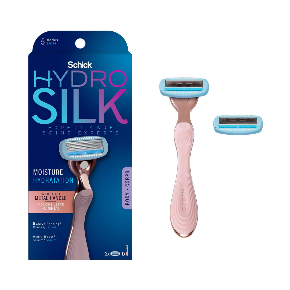 Schick Hydro Silk Moisturizing Razor for Women with Premium Rose Gold Metal Handle and 2 Refills