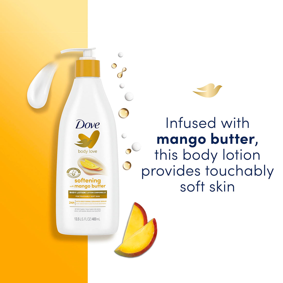 Dove Body Love Glowing Care Body Lotion For Soft, Nourishing Skin Care Mango & Almond Butter Hydrates and Absorbs Quickly, White, 13.5 Oz, 3 Count