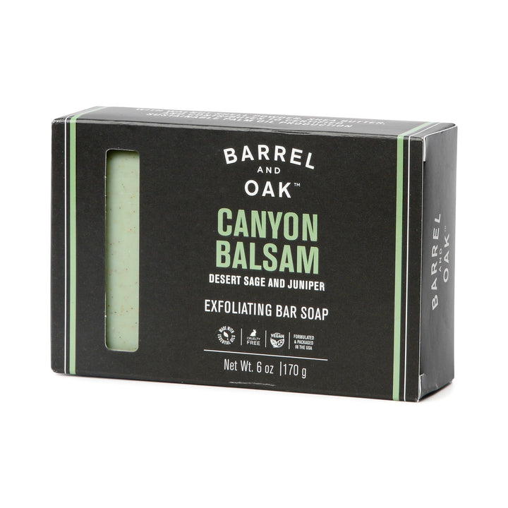 Barrel & Oak - Exfoliating Bar Soap, Men's Soap Bar, Deep Cleans Pores & Removes Dead Skin, Certified Sustainable Palm Oil, Charcoal Powder, & Olive Stone, Vegan (Canyon Balsam, 6 oz)