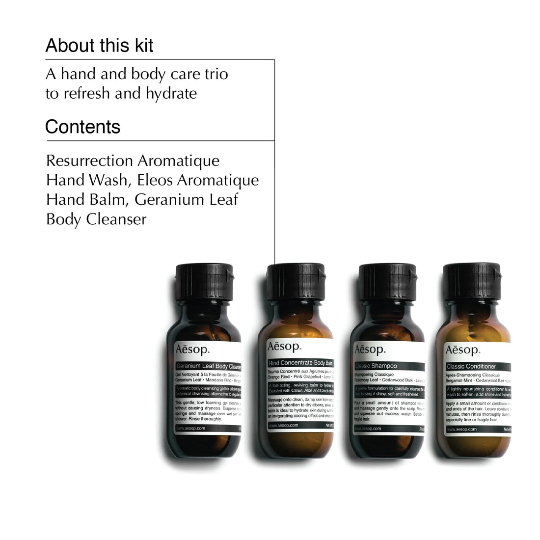 Aesop Travel Set | Travel Body Wash and Body Balm & Travel Size Shampoo and Conditioner | 1.7 oz, Pack of 4