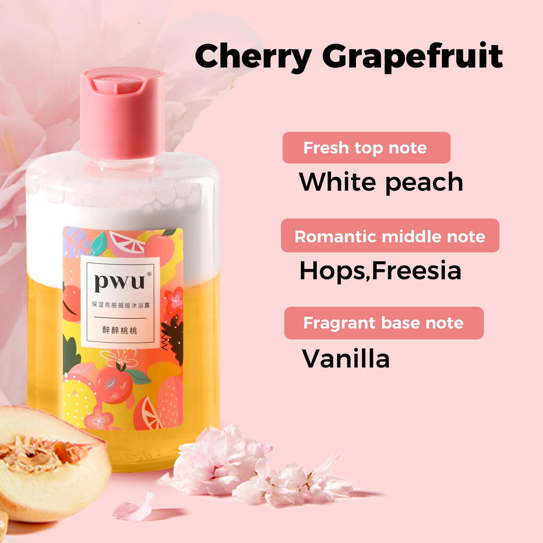 PWU Body Wash & Shower Gel, Peach Scented, Moisturize Body Wash, Skin Deep Cleansing for Men & Women (11.8 Fl Oz)