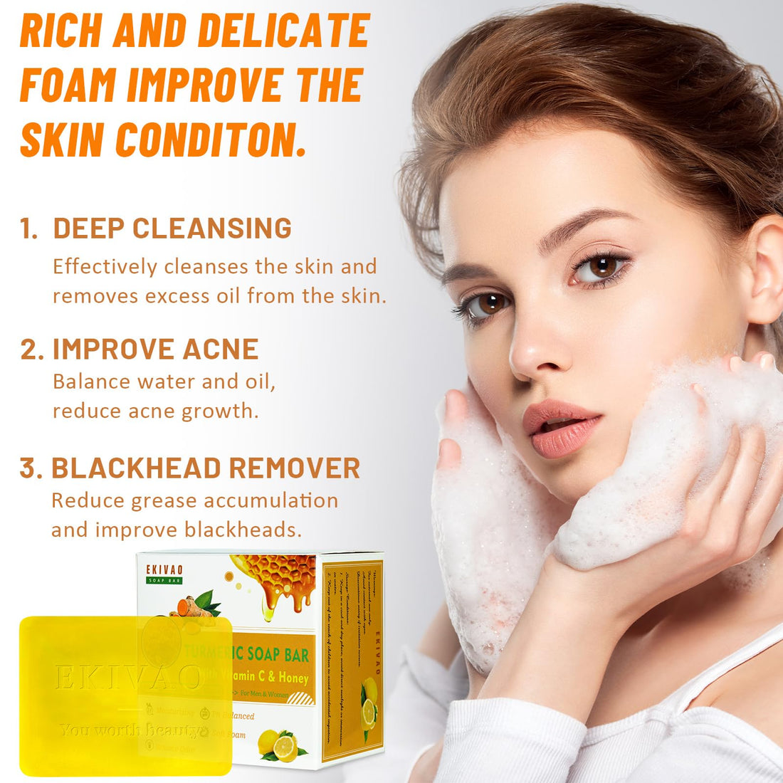 EKIVAO 3Packs Best Turmeric Soap Bar, Organic Tumeric Soap for Face and Body, Honey Lemon Turmeric bar Soap with Vitamin C, E, CitrusTurmeric Soap Face Wash for Smoothing, Moisturizing skin