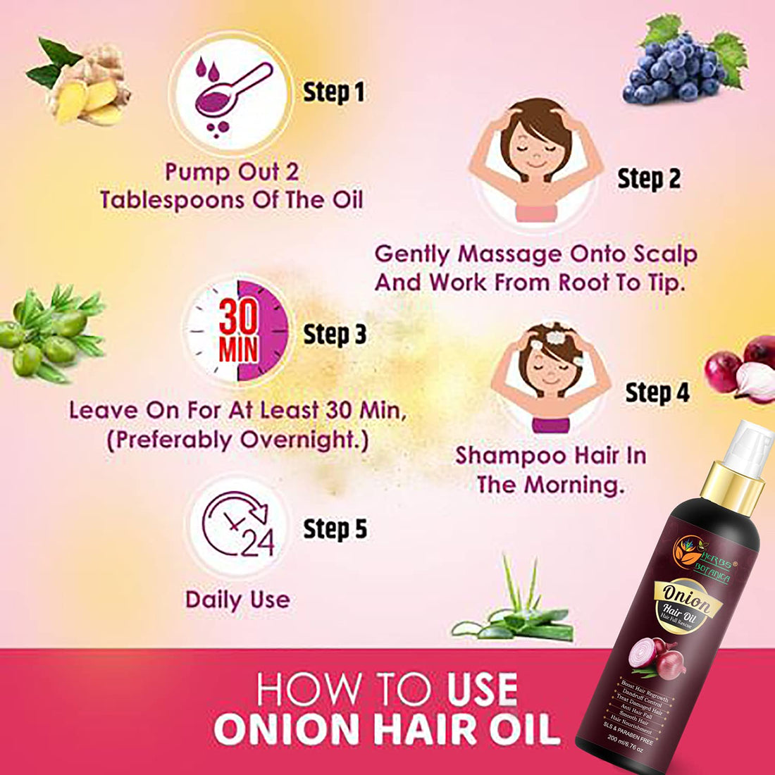 Herbs Botanica Red Onion Hair Oil Onion Seed Oil for Hair Care Healthy Essentials Vitamins Onion Oil, Jojoba, Argan, Tea Tree, Sandalwood, Rose Oils 6.76 fl oz / 200 ml