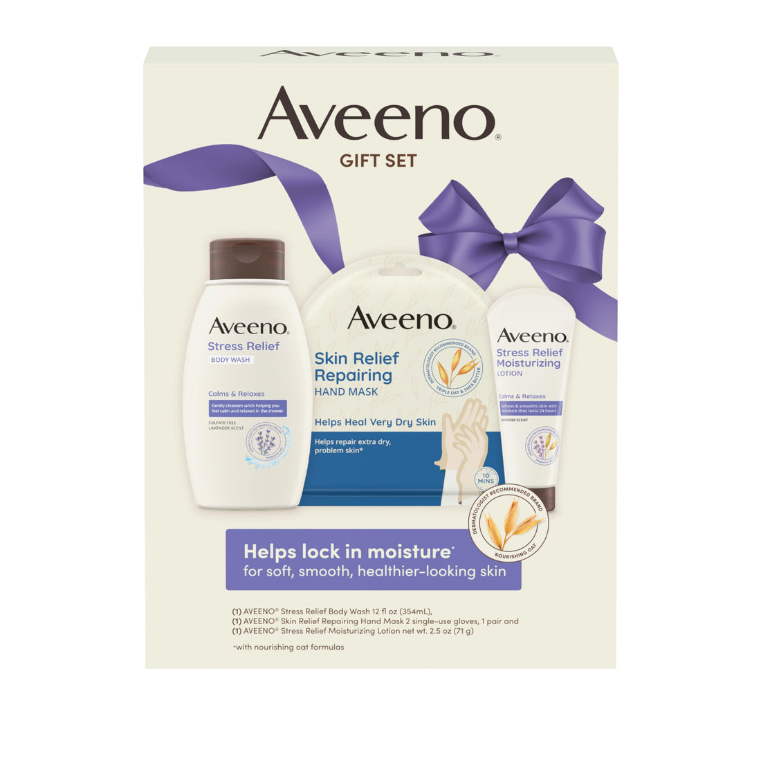 Aveeno Stress Relief Gift Set, Skincare Set for Sensitive Skin with Soothing Body Wash & Moisturizing Body Lotion, plus, Skin Relief Repairing Hand Masks for Very Dry Skin, 3 Items