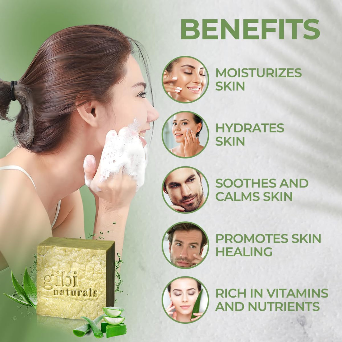 GIBI Aloe Vera Soap Bar - 7.06 Oz Moisturizing Aloe Vera Soap for Face & Body - Cleanses, Hydrates & Soothes Skin - Pure Natural Aloe Vera Bar Soap for All Skin Types