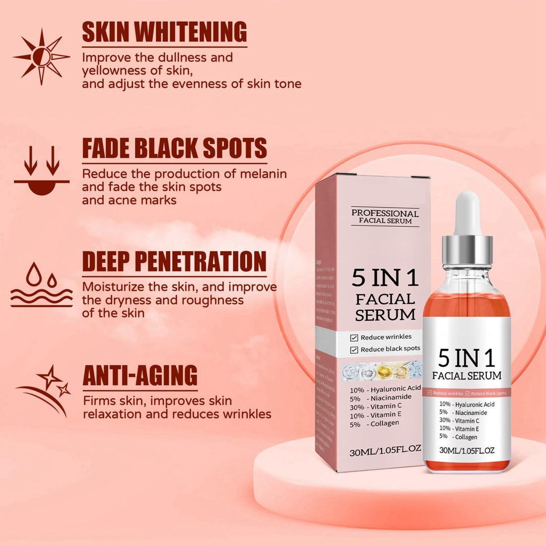 Vitamin C Face Serum, 5 In 1 Anti Aging Serum With Vitamin C, Vitamin E, Hyaluronic Acid, Collagen and Nicotinamide, Vitamin C Serum For Facial Moisturizing, Firming Skin And Even Skin Tone 30ml