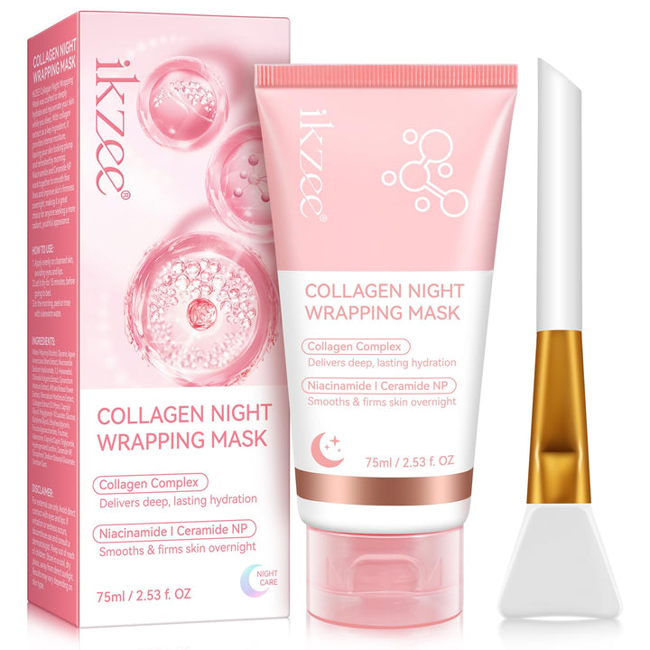 Collagen Night Wrapping Mask 2.53 fl.oz, Collagen Overnight Wrapping Peel Off Facial Mask with Brush, Deep Hydration, Improves Skin Elasticity, Pore Tightening & Firming, Reduces Sagging & Dullness