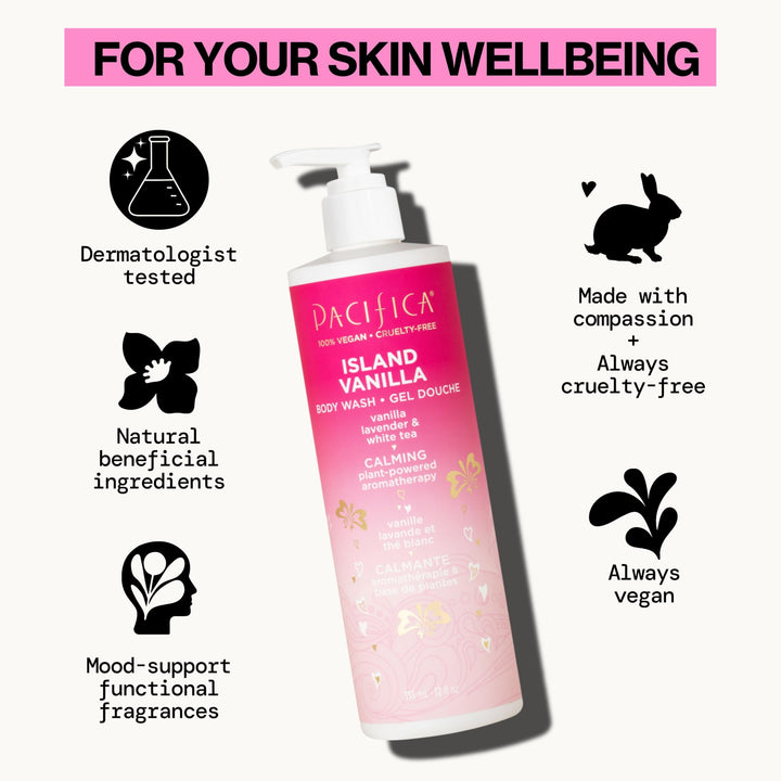 Pacifica Island Vanilla Body Wash Aloe + Hyaluronic Acid, Daily Cleansing, Bath & Shower Gel, Essential Oils, Clean, Vegan + Cruelty & Paraben Free, Clean Beauty Vegan Dermatologist Tested, 12 Fl Oz