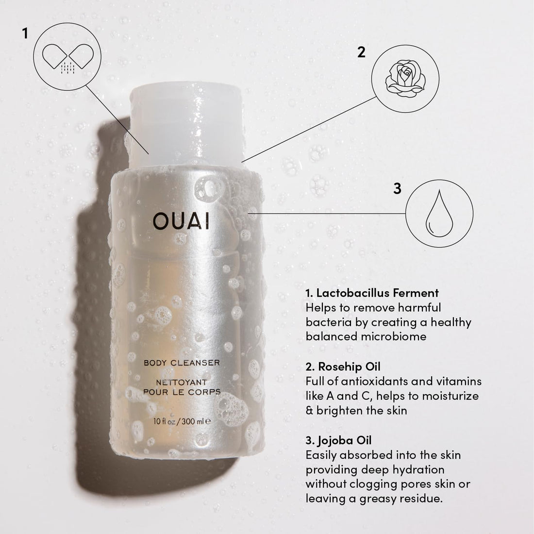OUAI Body Cleanser, Dean Street - Foaming Body Wash with Jojoba Oil and Rosehip Oil to Hydrate, Nurture, Balance and Soften Skin - Paraben, Phthalate and Sulfate Free Skin Care Products (10 Fl Oz)