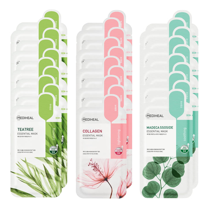 Mediheal Sheet Mask Essential HERO 30 Pack (Collagen, Tea Tree, Madecassoside) | Korean Skincare Facial Sheet Mask Combo, Moisturizing, Soothing and for Blemishes