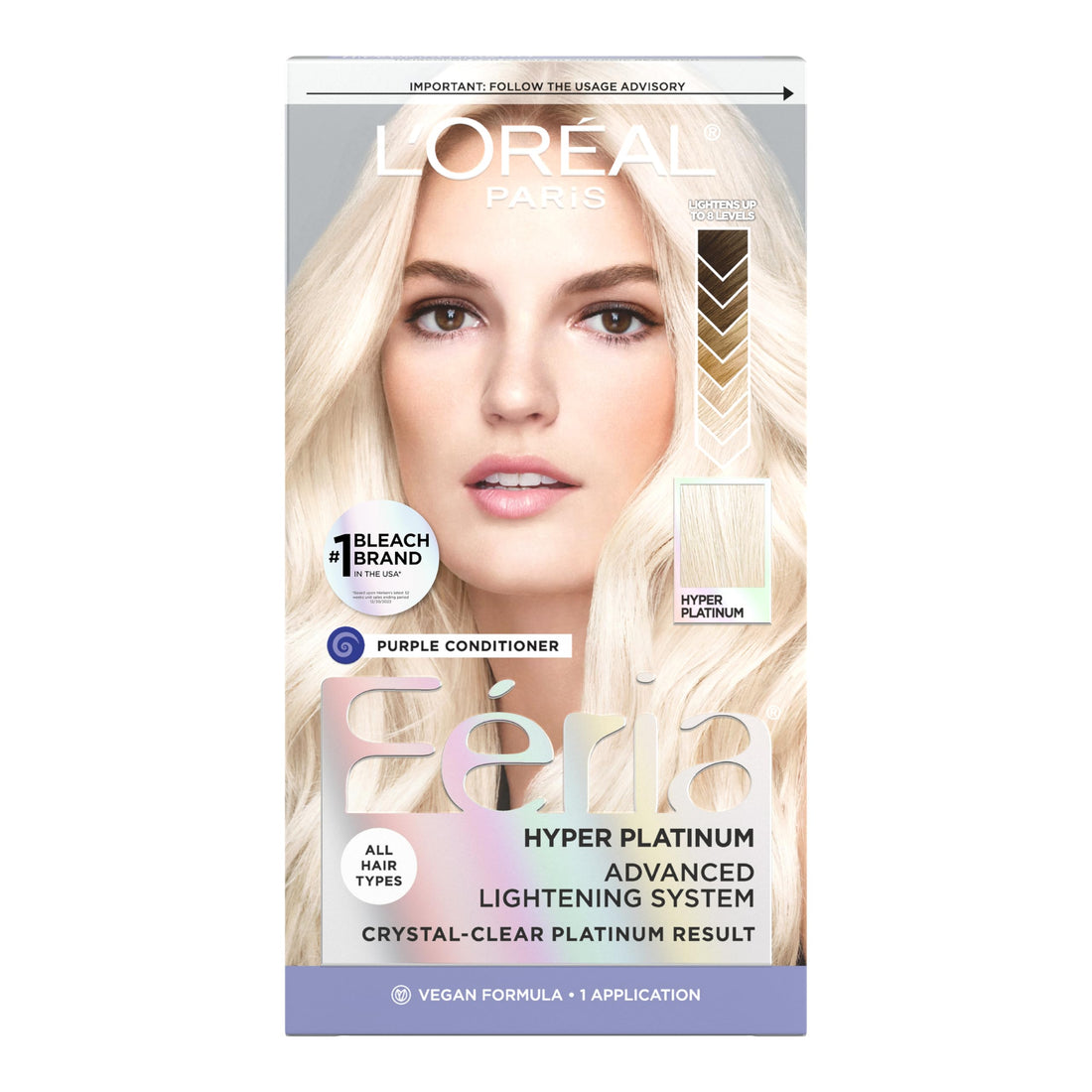 L’Oréal Paris Feria Hyper Platinum Advanced Lightening System Hair Bleach, Lifts Up To 8 Levels, Includes Anti Brass Purple Conditioner, 1 Hair Dye Kit