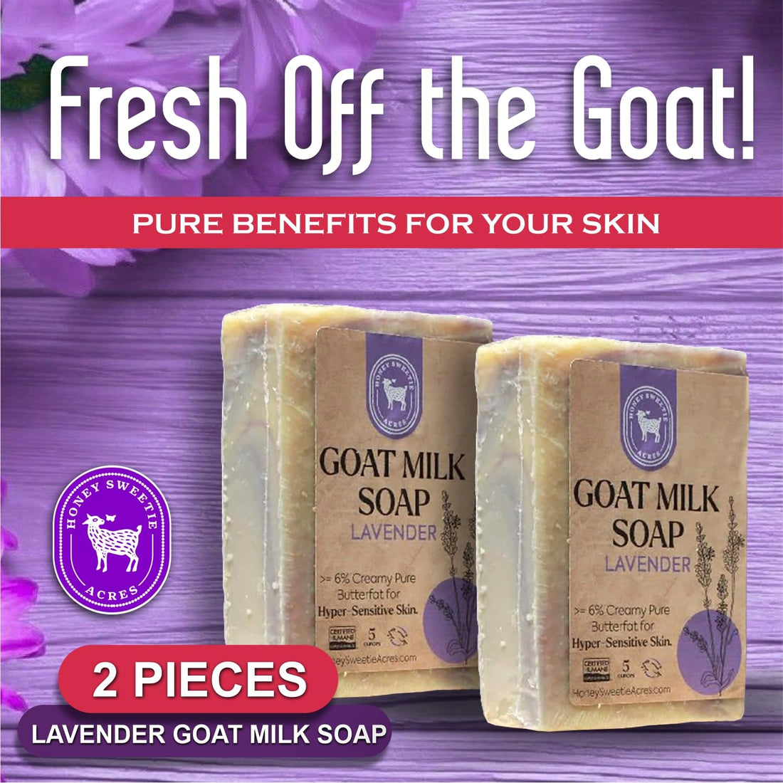 Honey Sweetie Acres 2-Pack Lavender Goat Milk Soap - Handmade 5 oz Bar, Made with Natural Ingredients, Moisturizing & Gentle, Made in the USA