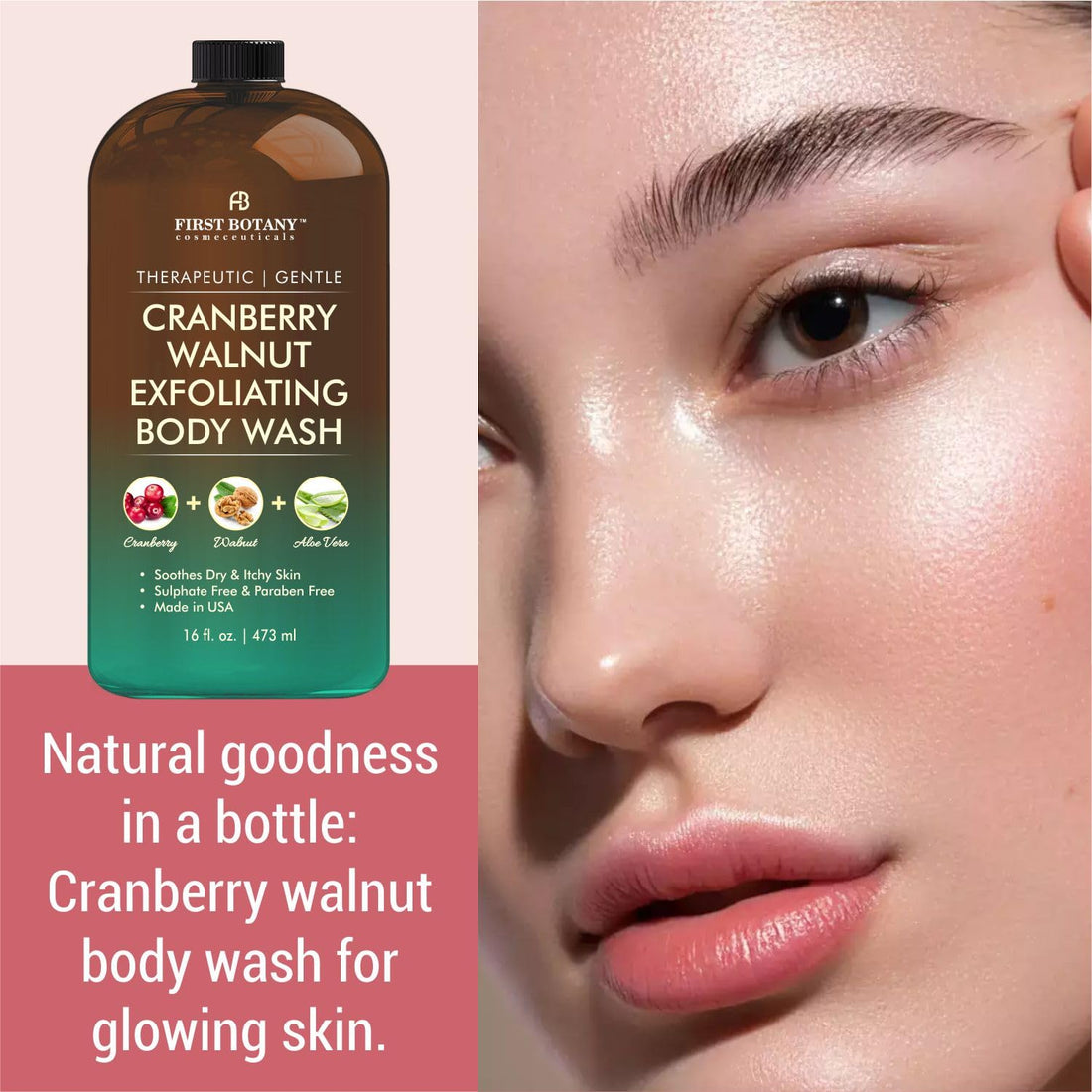 First Botany All Natural Body Wash - Fights Body Odor, Athlete’s Foot, Jock Itch, Nail Issues, Dandruff, Acne, Eczema, Shower Gel for Women & Men, Skin Cleanser -16 Fl Oz (Cranberry Walnut)