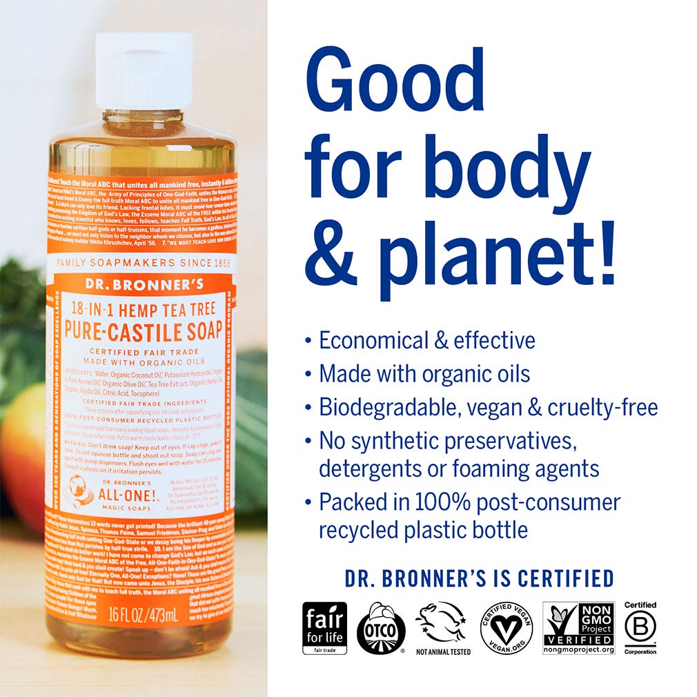 Dr. Bronner's - Pure-Castile Liquid Soap (Tea Tree, 16 ounce) - Made with Organic Oils, 18-in-1 Uses: Acne-Prone Skin, Dandruff, Laundry, Pets and Dishes, Concentrated, Vegan, Non-GMO