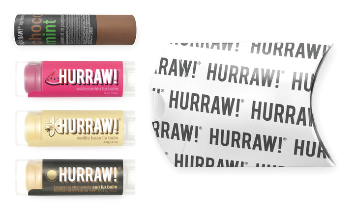 Hurraw! Lip Balms: Staff Favorites, 4 Balm Bundle Pack – Chocolate Mint, Watermelon, Vanilla Bean and Sun (SPF 15): Organic, Certified Vegan. 100% Natural Ingredients. Bee, Shea, Soy and Palm Free.