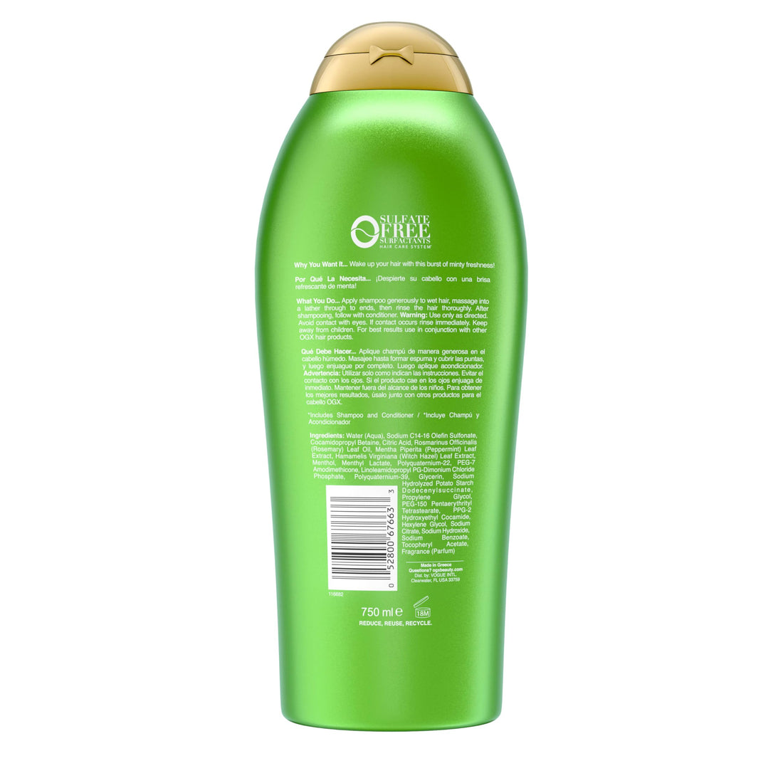 OGX Extra Strength Refreshing Scalp + Rosemary Mint Shampoo, Nourishing Shampoo Infused with Rosemary Mint for Shiny, Healthy-Looking Hair, Sulfate-Free Surfactants, 25.4 fl. Oz