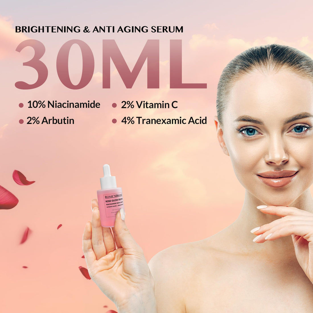 ROXIE'SBRAND Niacinamide Serum: 10% Niacinamide, 4% Tranexamic Acid, 2% Arbutin, 2% Vitamin C, Hyaluronic Acid, Vitamin B12, Ceramides, Natural Rose Scent (30ml /1.01 fl. oz.)
