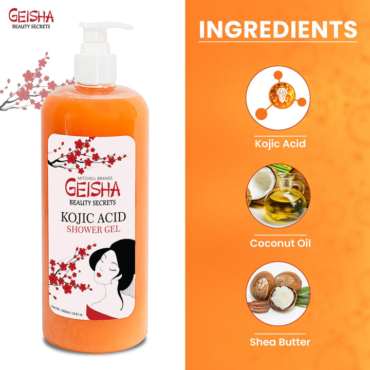 OMIC Geisha, Kojic Acid Skin Brightening Body Wash - 33 Fl oz / 1000 ml - Even Out Skin Tone, Skin Radiance, Face and Body Shower Gel, with Coconut Oil and Shea Butter
