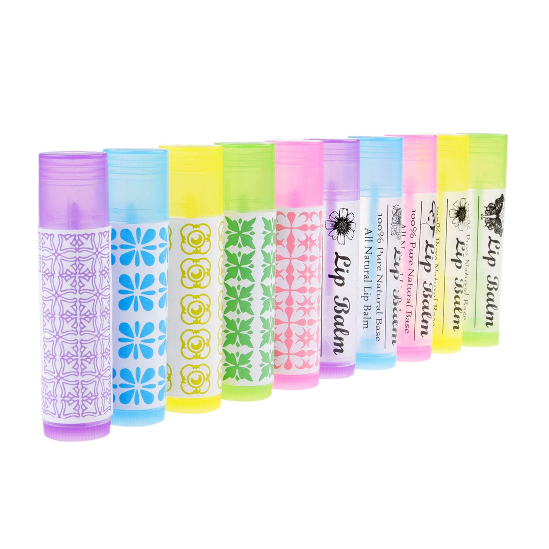 Lip Balm Container Tubes - 50-Pack (10x5 colors) - DIY - 3/16 Oz (5.5 ml) - Including 50 Writeable (10x5 colors) & 50 Printed Lip Balm Stickers - Twist Mechanism and a Cap - Empty - Make Lip Balm